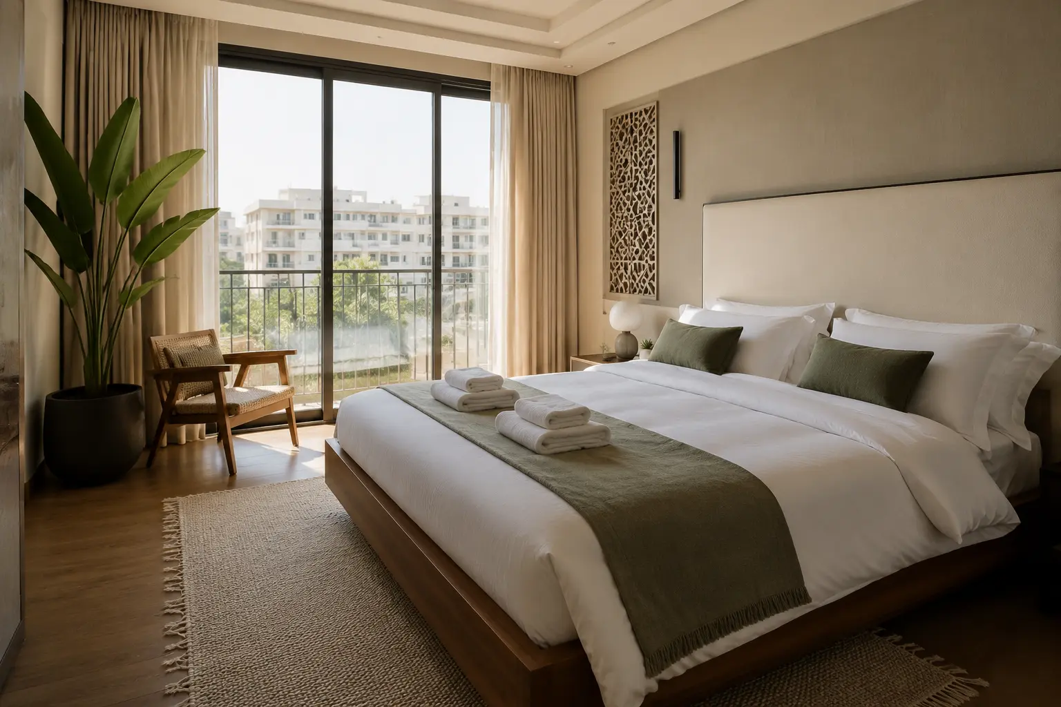 Chambre élégante préparée avec soin pour l’arrivée des voyageurs
