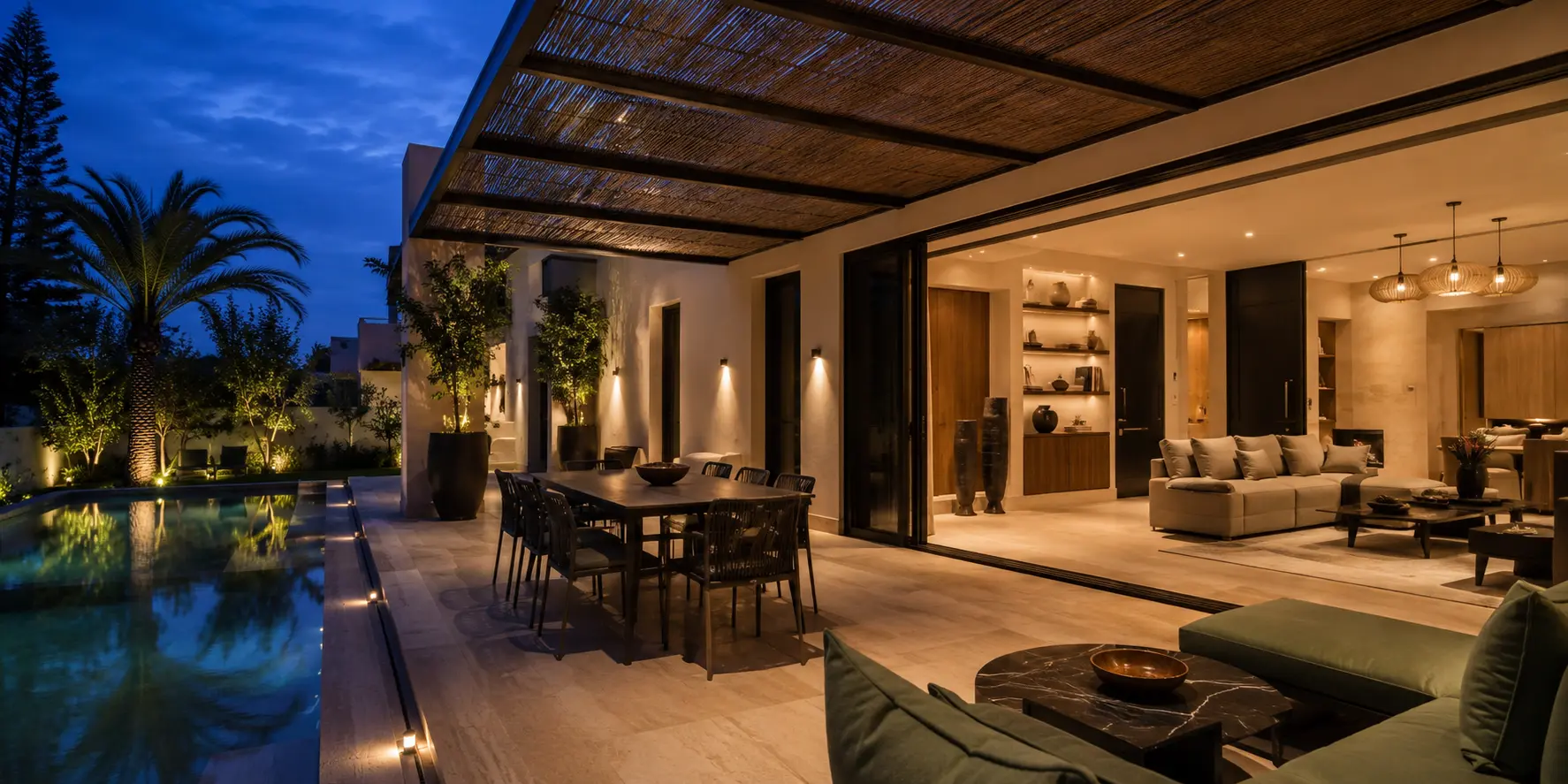 Villa contemporaine avec terrasse et piscine à la tombée du jour